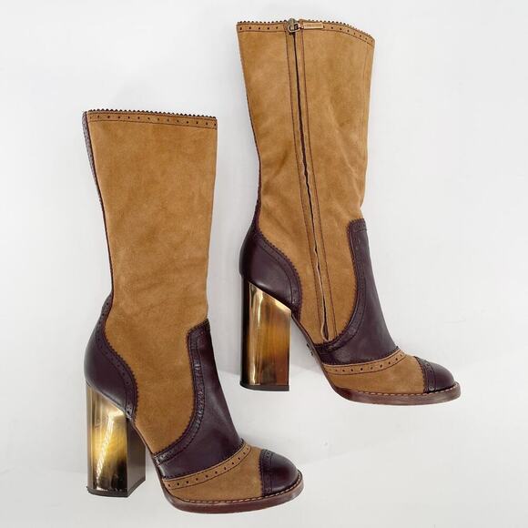 Dolce & Gabbana y2k Camel Suede Brown Leather Chunky Block Heel Boot IT 38 - Picture 3 of 15